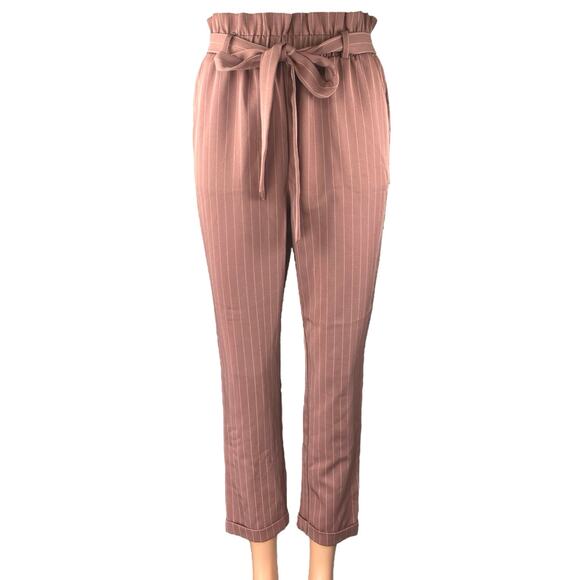 Charlotte Russe Pink Pinstriped Tapered High Waist Paperbag Trousers Pants Sz XS - Picture 1 of 5